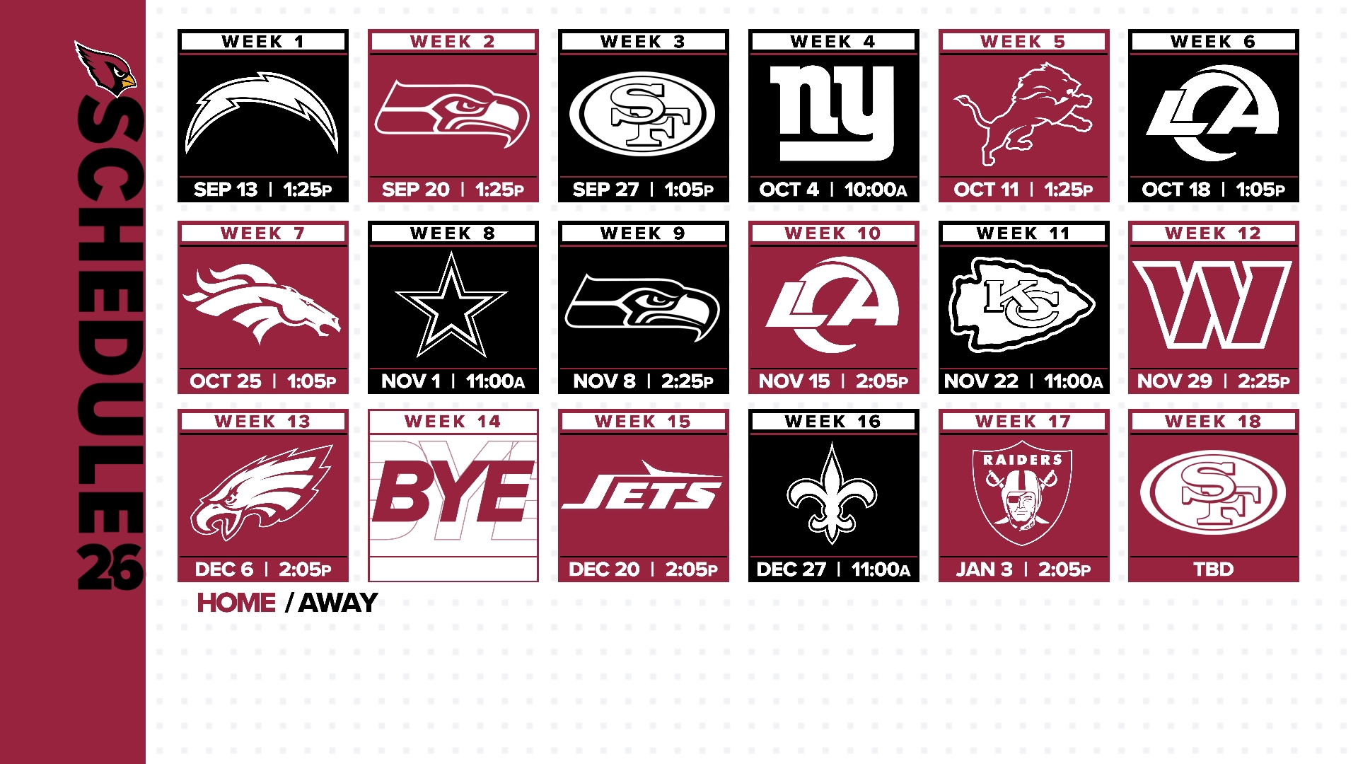 Week-by-week graphic listing the Cardinals' 2026 opponents, dates and kickoff times with home/away indicators from the team's schedule release.