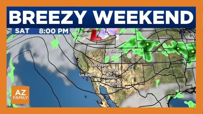Regional forecast graphic labeled 'Breezy Weekend' showing the low‑pressure system and expected breezy conditions affecting the Phoenix area.