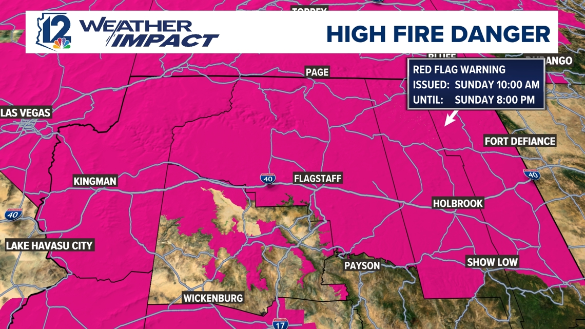 Weather map showing widespread Red Flag Warning areas across northern and central Arizona, highlighting high fire danger for the weekend.