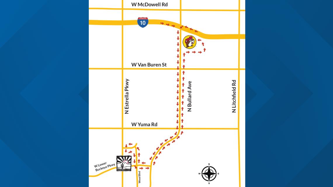 City of Goodyear traffic-routing map showing planned vehicle flows along Bullard Avenue to manage crowds for Buc-ee's opening day.