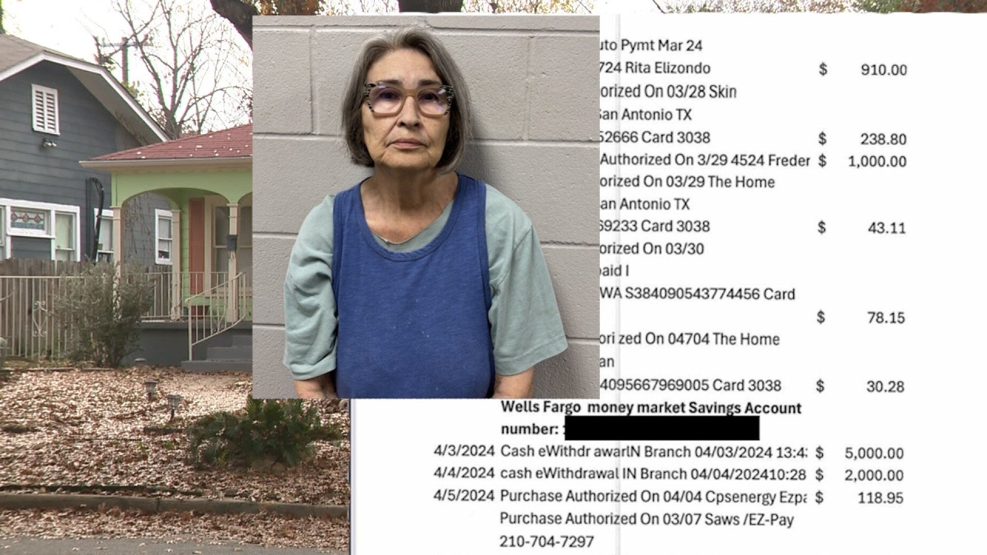 Composite image showing a woman’s booking photo overlaid on bank records — material prosecutors say documents continued ESA withdrawals after the child and family moved to Texas.