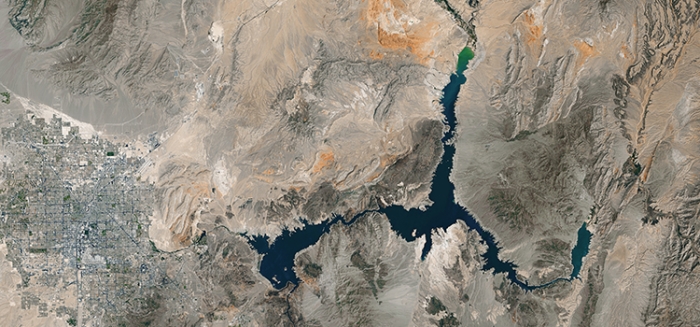 Satellite view of Colorado River reservoirs and the adjacent urban area, the type of remote-sensing imagery used in the ASU study to track hidden water dynamics.