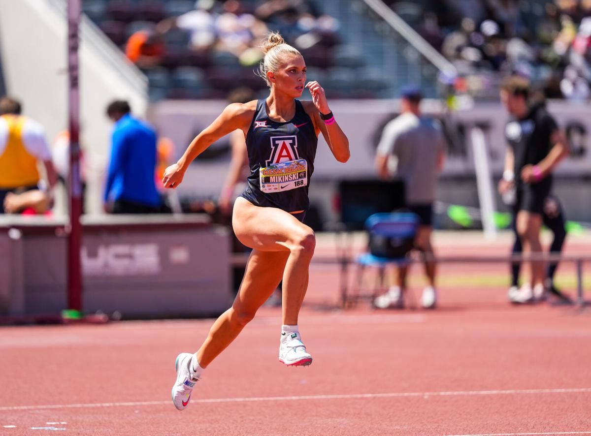 An Arizona high jumper on the approach during competition, demonstrating the form that helped her secure a spot at the NCAA Championships.
