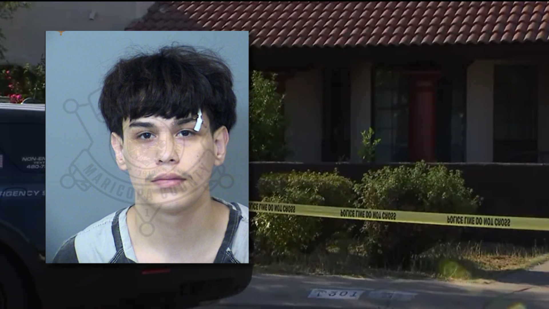 Police tape lines a Phoenix-area scene alongside a mugshot of the childrens' father; the fatal case has spurred legislation to prioritize domestic violence in custody decisions.