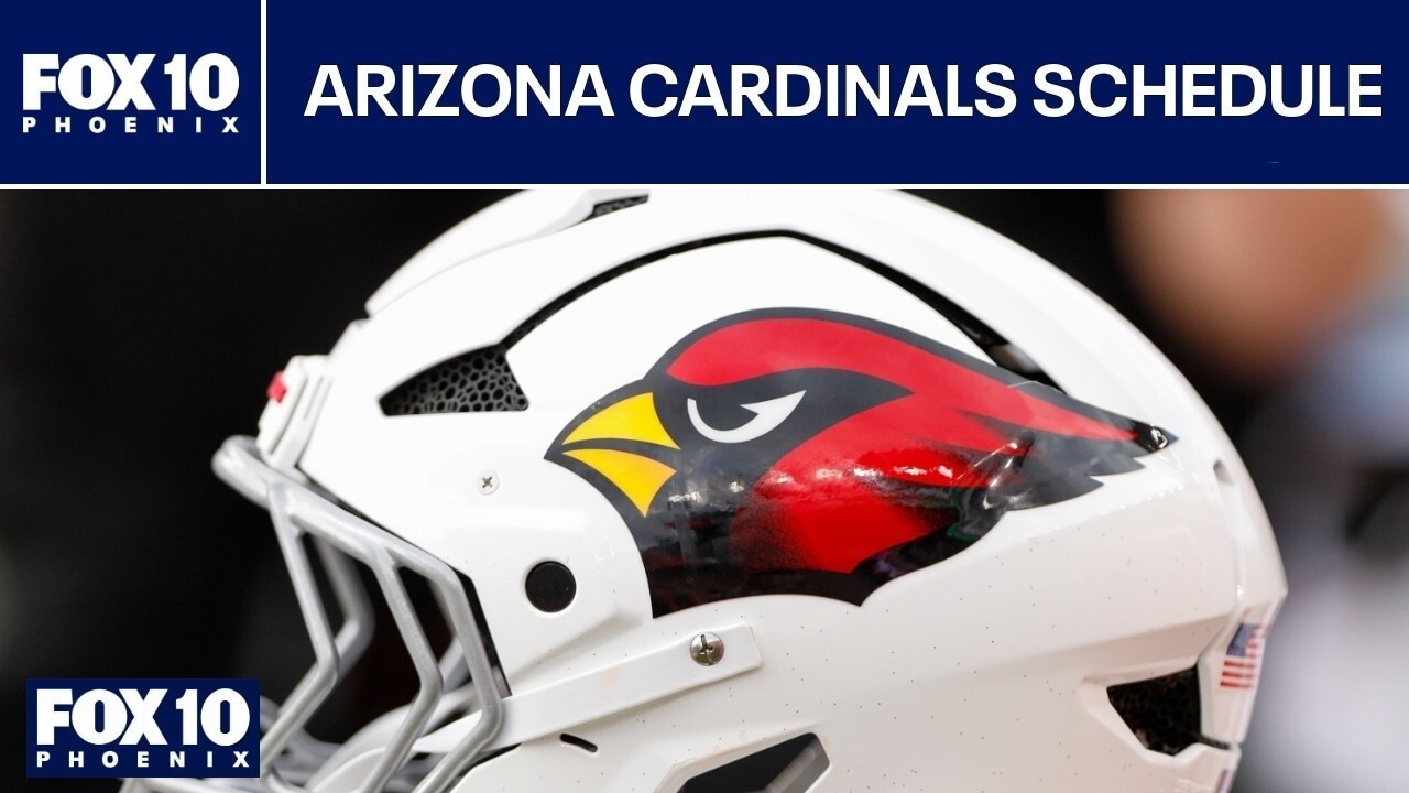 Arizona Cardinals helmet beneath a FOX 10 Phoenix 'Arizona Cardinals Schedule' banner during coverage of the team's 2025 schedule and difficult road slate.