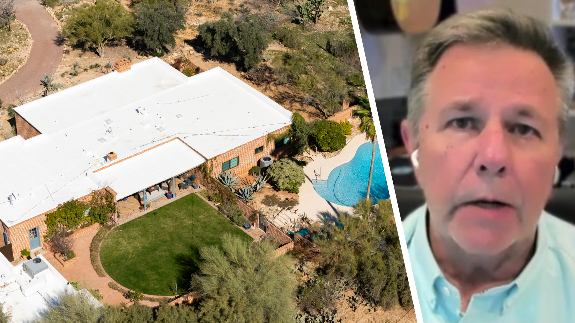Aerial view of a Tucson-area residence and surrounding yard shown in coverage of the Nancy Guthrie investigation, presented here with an interview inset.