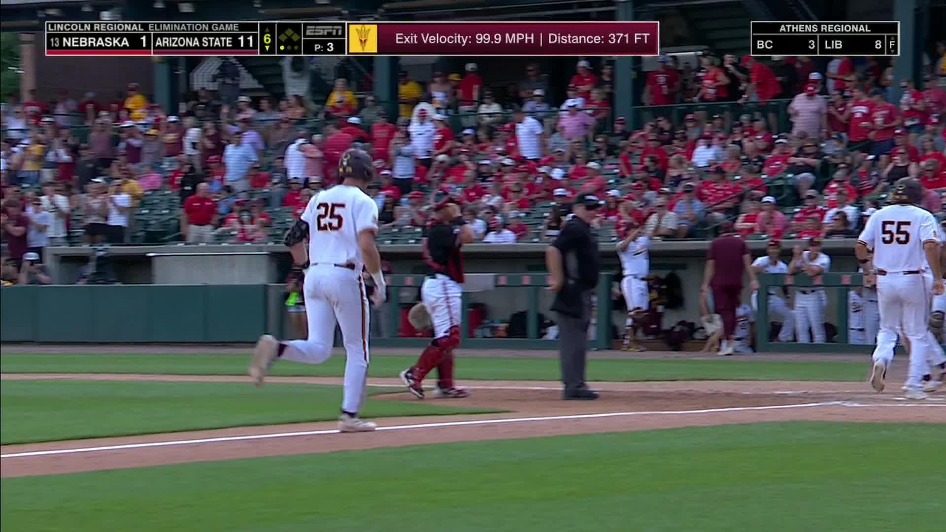 Arizona State No. 25 rounds the bases after a long hit as ESPN’s graphic reports a 371‑ft distance — ASU shown leading 11-1 in the sixth inning of the Lincoln Regional elimination game.