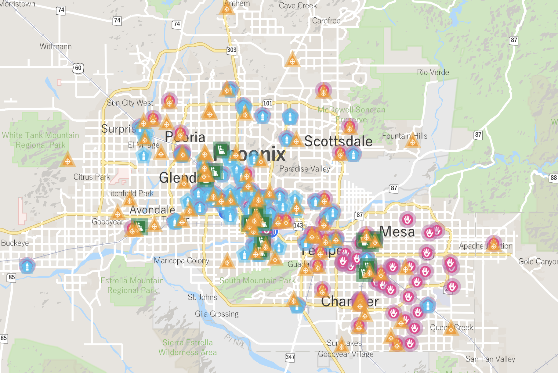 Map of Maricopa County showing the locations of cooling centers, hydration stations and respite sites available across the Phoenix metro.