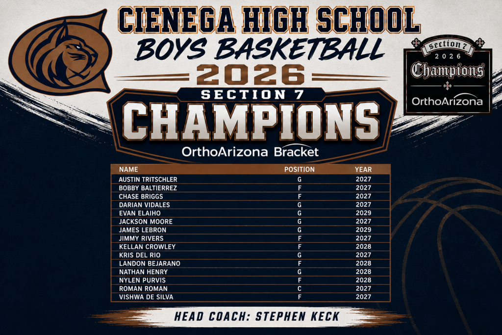 Official championship graphic listing Cienega High School as 2026 Section 7 OrthoArizona Bracket champions, showing the roster and head coach Stephen Keck.