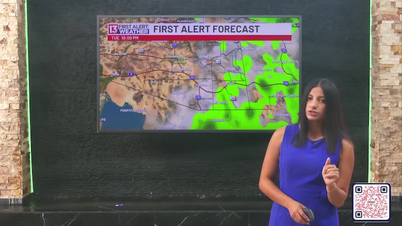 First Alert forecast screen showing scattered precipitation moving into southeastern Arizona, illustrating the article’s note that increasing moisture will bring low storm chances into the region later in the week.