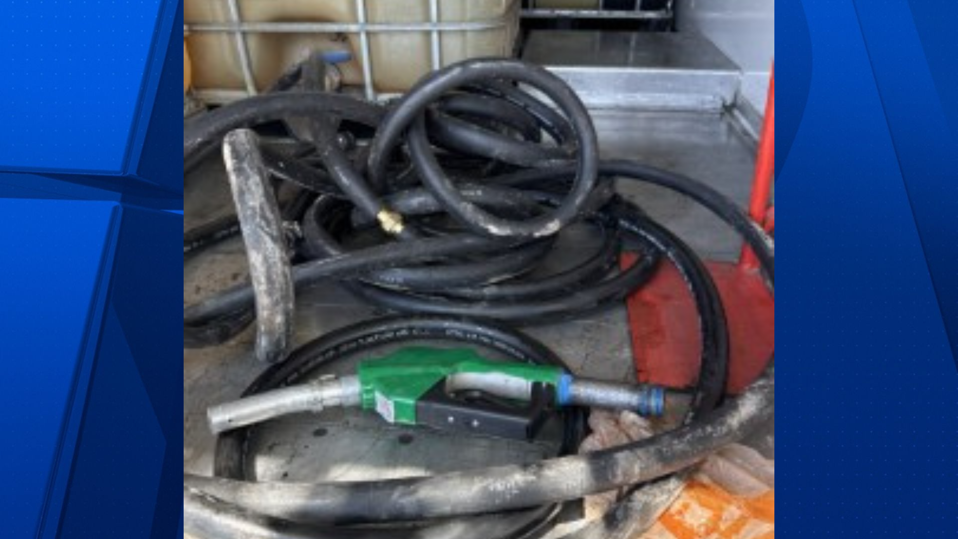 Fuel hoses and a nozzle recovered by investigators after about 2,100 gallons of diesel were reportedly stolen in Seligman, Arizona.