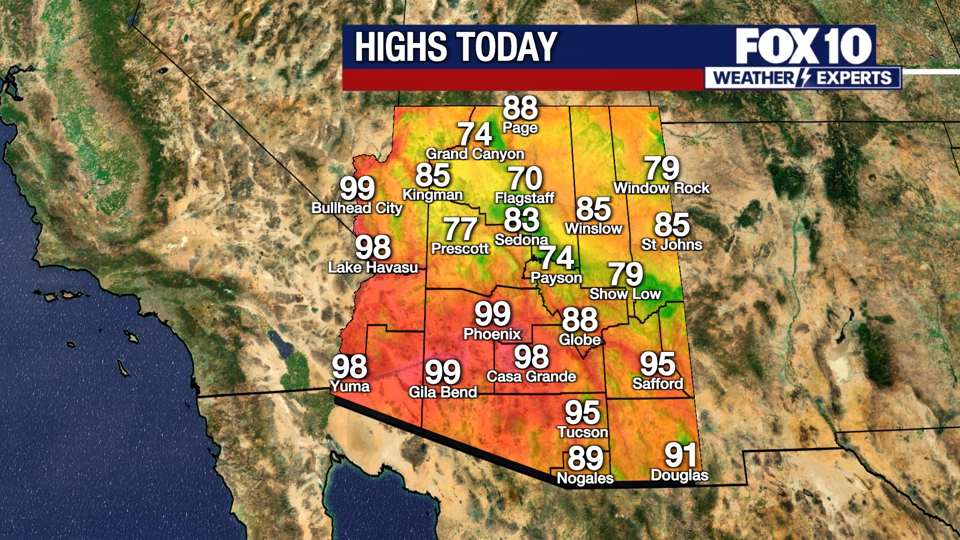 Statewide highs map from FOX 10 displaying daytime temperatures across Arizona — cooler readings in the high country (Flagstaff ~70°F) and hotter readings in the lower deserts (Phoenix ~99°F).