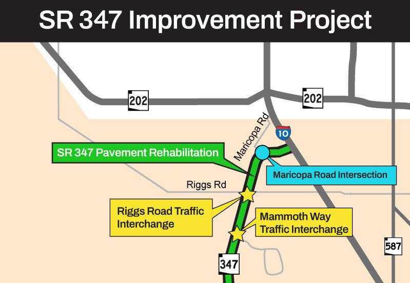 Project map for the SR 347 Improvement Project marking the Riggs Road and Mammoth Way traffic interchanges and SR 347 pavement rehabilitation areas.