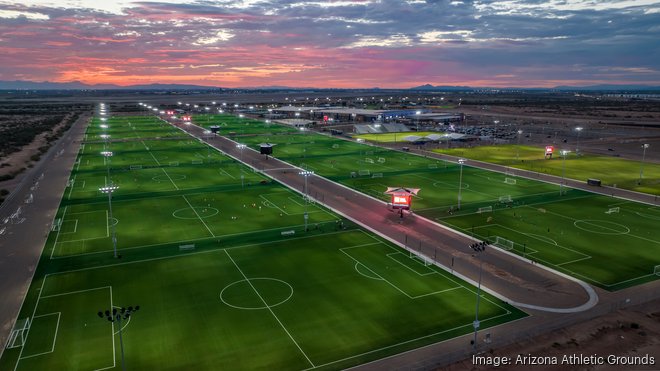 Aerial view of Arizona Athletic Grounds showing rows of soccer fields where Türkiye will use the Mesa site as its 2026 World Cup training base.