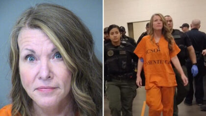 Mugshot (left) and orange-jumpsuit court escort photo (right) of the woman accused in the tax-return case, shown during booking and court processing; she has pleaded not guilty.